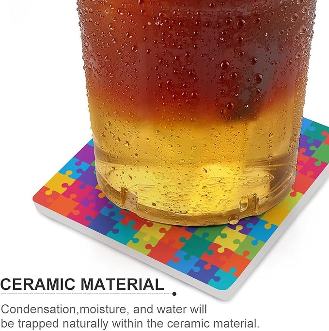 Gamer Drink Coasters, Square Ceramic Drink Coaster Square-4PCS, Kids Colorful Builing Puzzle Toys Decor Absorbent Ceramic Coasters for Beverage Cup, Bar, Coffee Table