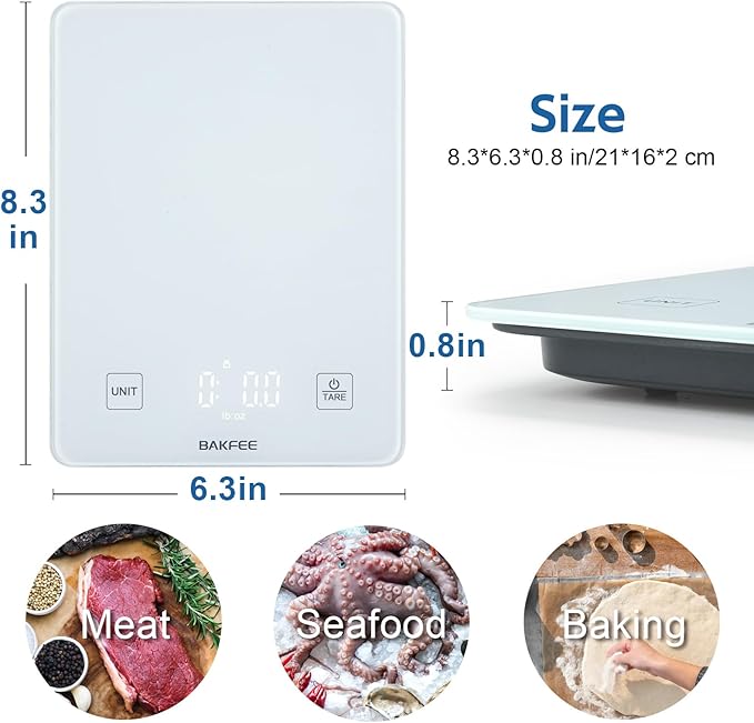 BAKFEE IP67 Waterproof Food Scale with Tempered Glass Surface, 22lb Kitchen Scale 1g Precision, USB Rechargeable, LED Display, Grams and Ounces, for Baking, Cooking, Making Sourdough Bread. White