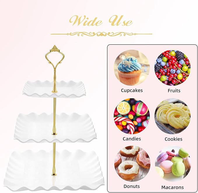 Dessert Cupcake Stand, 3 Tier Cup Cake Holder Tower for Tea Party/Birthday/Wedding, Plastic Tiered Serving Tray with Metal Rod, White