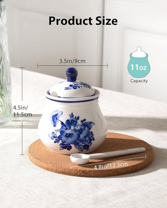 Ceramic Sugar Bowl with Lid and Spoon, 11Oz Sugar Container for Coffee Bar, Blue and White Sugar Jar/Dispenser, Flower
