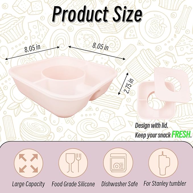 Snack Bowl for Stanley Cup 40 oz Tumbler, Reusable Silicone Snack Tray Snack Holder with Lid, Snack Ring for Stanley Tumblers Cup Accessories (Rose Quartz)