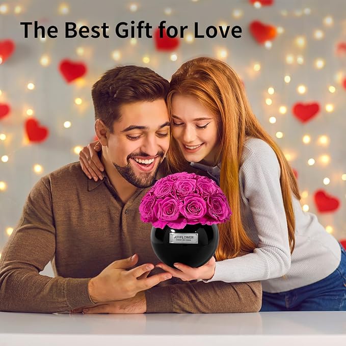 JoyFlower Preserved Flowers Vase Glass Decor, Eternal Flower Vases for Centerpieces, Forever Flower Decorations for Party Home Wedding Table Living Room Bedroom, Black Glass Vase House Decor(Fuchsia)