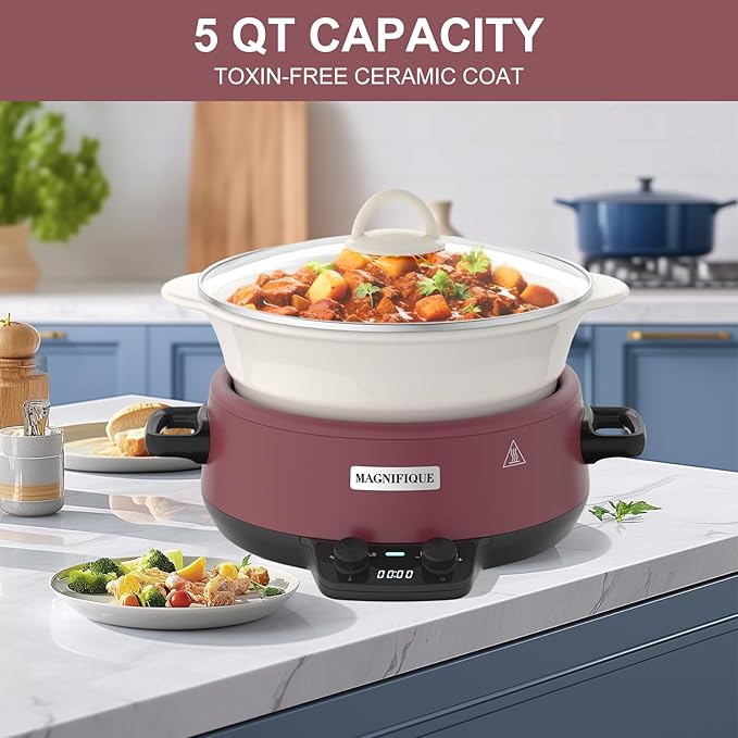 MAGNIFIQUE Small 5 Quart Round Casserole Programmable Slow Cooker with Glazed Ceramic Liner, Food Warmer Perfect Kitchen Small Appliance for Family Dinners, Red