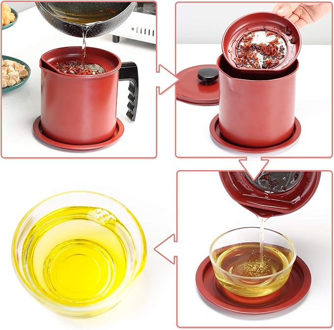 Cambom Bacon Grease Container with Fine Mesh Strainer, 1.3 L almost 6 Full Cups Iron Cooking Oil Can with Removable a Coaster Tray for Kitchen Fat Storage Red
