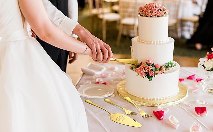 Galaxozent Wedding gifts for Couples, Gold Wedding Cake Knife and Server Set with Forks, Cake Cutting Set, Bridal Shower Anniversary Engagement Present For Mr and Mrs Set of 4