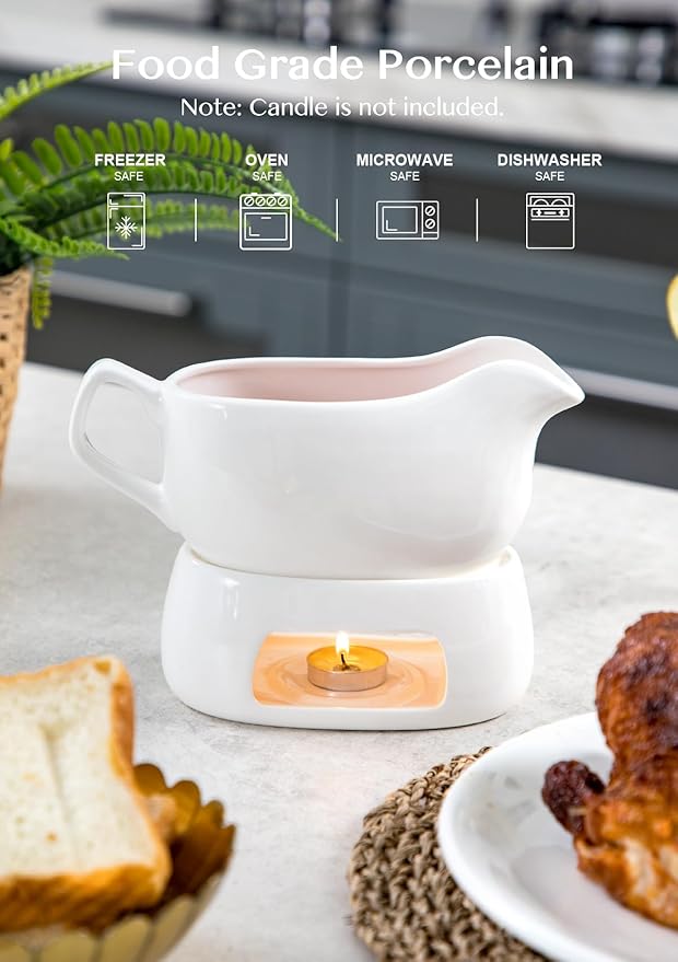 Nucookery Large 20 Oz Gravy Boat with Warmer, White Fine Porcelain Saucier with Big Dripless Lip Spout, Gravy Bowl For Thanksgiving, Warming Sauces, Salad Dressings, Microwave & Freezer Safe(Modern)