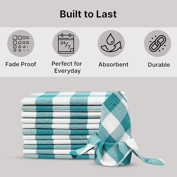 LFH Home 100% Cotton Cloth Reusable Dinner Napkins Set of 12 Washable Soft Decorative Buffalo Plaid Gingham and Checkered Table Napkins for Holidays Wedding Farmhouse Decor 18x18 Inch-Teal & White
