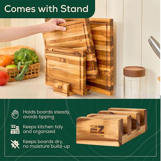 EZ FURNITURE 3-Piece Acacia Wood Premium Cutting Board Set with Extra Stand, Pre-Oiled Edge Grain with Juice Groove & Handles, Non-Slip Feet, Suitable for Meat & Vegetables, Non-Toxic