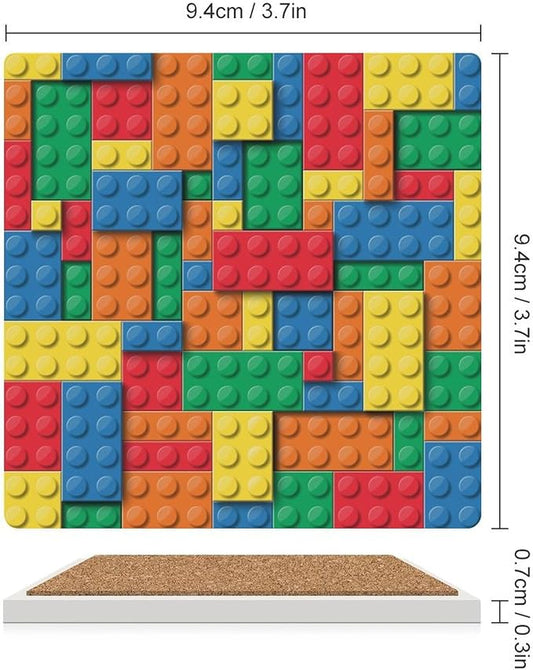 Square-6PCS Gamer Drink Coasters, Square Modern Ceramic Absorbent Coasters, Kids Colorful Building Blocks Toys Decor Desk Coffee Table Coaster for Beverage Cup Tea Coasters