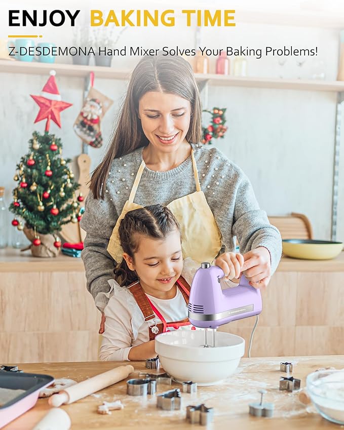 Z-DESDEMONA Electric Hand Mixer, Powerful 300W Hand Mixer Electric Handheld with 304 Beaters, Dough Hook,Hand Held Mixer with Turbo for Baking Cakes, Eggs, Cream Food(Purple)
