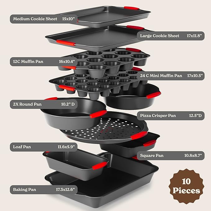 Country Kitchen Nonstick Stackable Bakeware Set - Heavy Duty, Durable, Easy Release Baking Set, Red, 10 Pcs