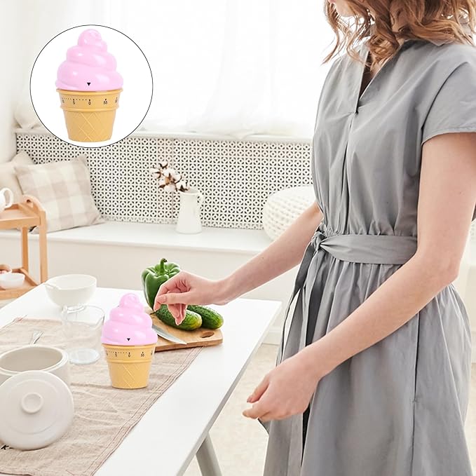 Cute Pink Ice Cream Mechanical Kitchen Timer - Wind up Cooking Timer Reminder for Boiling Eggs and Baking