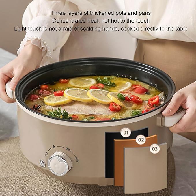 Hot Pot Electric with Steamer, 800W 3L Anti Scald Multifunctional Electric Cooker with Food Grade Nonstick Coating & Steam Basket for Steak Rice Noodles Soup (US Plug)