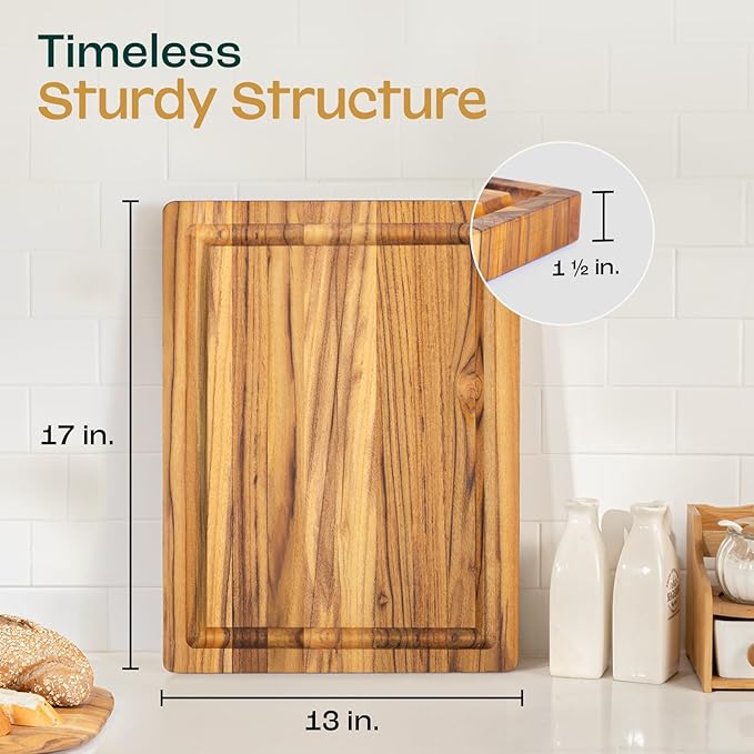 Yes4All Solid Teak Cutting Boards for Kitchen, [17''L x 13''W x 1.5” Thick] Medium Edge Grain Butcher Block Cutting Board, Food Surface Wood Cutting Boards with Juice Grooves and Easy Grip Handle