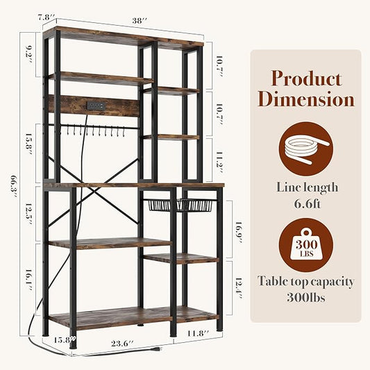 Kitchen Bakers Rack with Storage, 6-Tier Coffee Bar Station with Power Outlet, Microwave Stand with 12 S-Shaped Hooks, Open Kitchen Storage Shelves for Spices, Pots and Pans, Rustic Brown