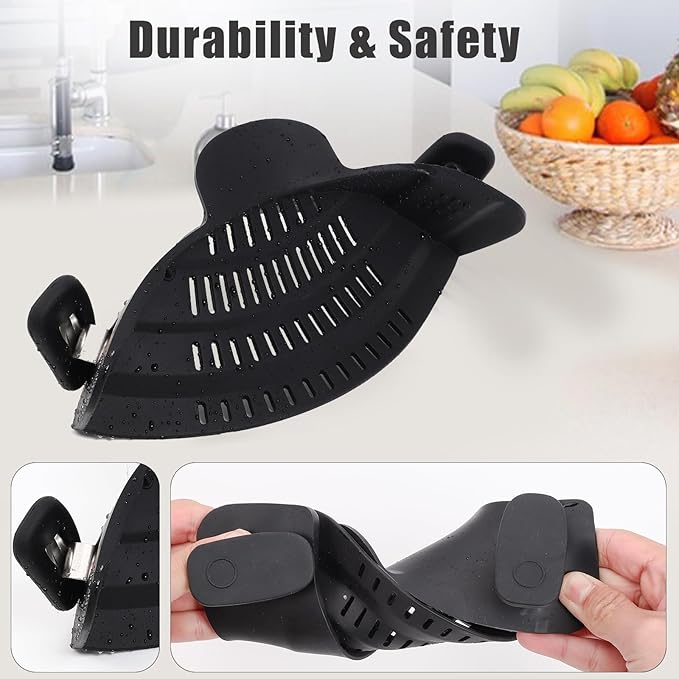 Pasta & Pot Strainer, Adjustable Silicone Food Strainer Hands-Free Pan Strainer Fits all Pots and Bowls, Clip on Strainer for Noodle Meat Vegetables Fruit Kitchen Gadgets Cooking Colander (Black)