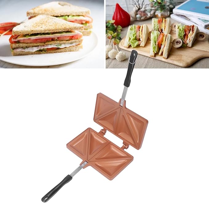 Fockety Hot Sandwich Maker, Double Sided Heating Aluminum Alloy Panini Maker Pan Even Heating Lightweight Portable Sandwich Press Grill for Sandwiches, Frying Eggs, Baking Bread (Gold)