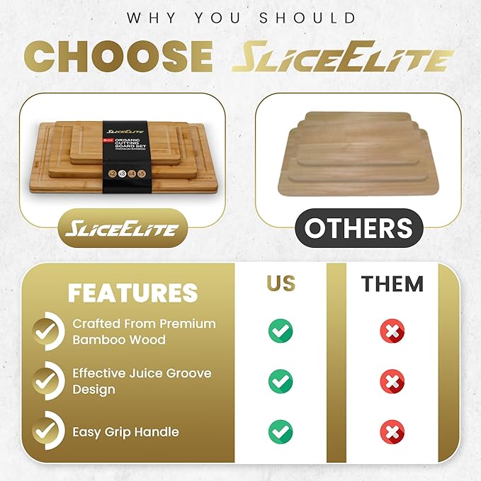 SliceElite 3pc Bamboo Cutting Board Set: Eco-friendly, durable chopping boards with handles & juice grooves. Ideal for all kitchen tasks (Large, Medium, Small), Natural