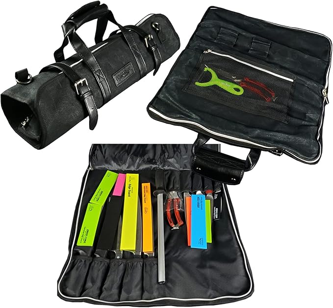 Ergo Chef Heavy Duty Waxed Canvas 10 Pocket Chef Knife Roll Bag Knife Case with Mesh Tool Pocket (Black) Durable Knife Case with Handle, Removable Shoulder Strap & Large Zippered Mesh Pocket