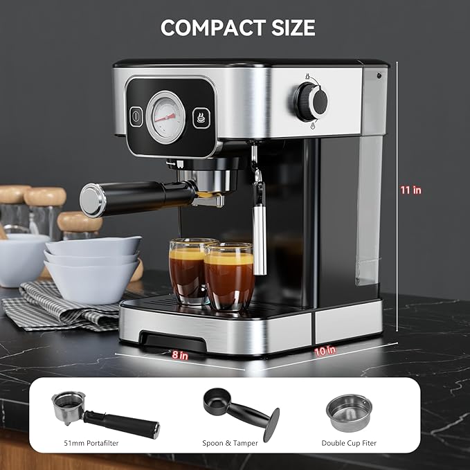 TINTALK Espresso Machine 20 Bar with Steam Milk Frother, Stainless Steel Coffee Machine with Removable Water Tank for Cappuccino,Latte, Compact Stainless Steel Coffee maker for home,Great Gift