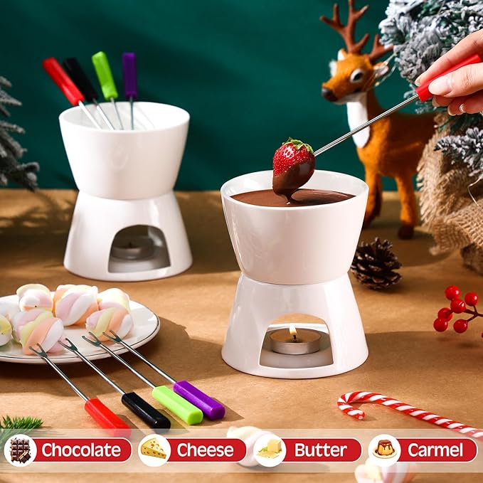 Mudder 6 Pieces Fondue Mug Ceramic Pot and 24 Pieces Forks Set for Melting Chocolate, Cheese, Broth or Tapas on Valentine's Day Gift(Red and White)