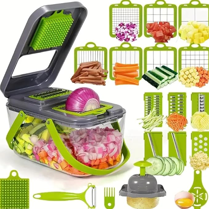 Vegetable Chopper Cutter Slicer, Multifunctional Veggie Chopper with 8 Blades, Mandoline Slice for Salad, Onion, Garlic, Food Chopper with Container, Essential Kitchen Tool