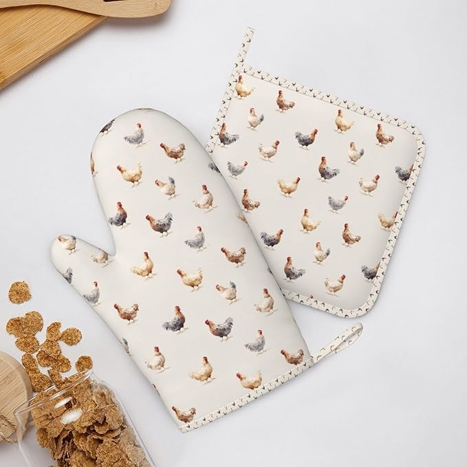 Oven Mitts and Pot Holders Chicken Pattern Silicone Kitchen Accessories Set of 4 Heat Resistant Long Gloves Potholder Non-Slip Grip for Chef Cooking Baking Grilling BBQ