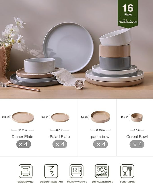 Famiware Nebula Dinnerware Set with Pasta Bowls, Service for 4 (16pcs), Fine Stoneware Plates and Bowls Sets, Microwave and Dishwasher Safe Dishes Set, Multi-color
