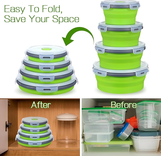 4 Pieces Collapsible Bowls for Camping, Foldable Silicone Collapsible Bowls with Lids, BPA-Free Microwave/Freezer/Dishwasher Safe Bowl, Green (12oz/16.9oz/27oz/40oz)