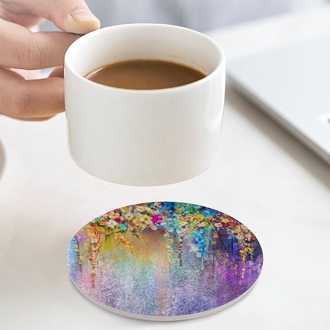 Round-4PCS Floral Ceramic Coasters, Round Absorbent Drink Coasters, Watercolor Weeds Blossoms Ivy Florets Shrubs Design Ceramic Table Coasters for Coffee, Beverage, Wine, Beer Coasters