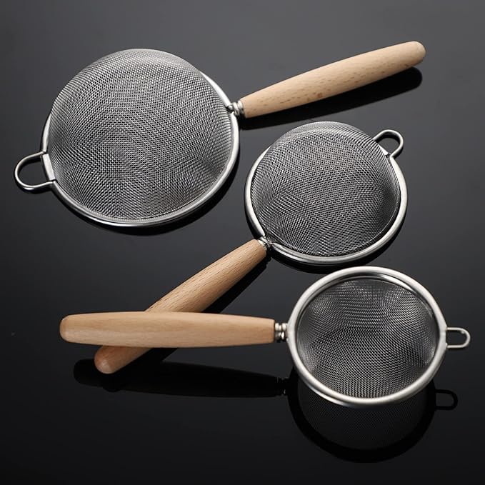 Stainless Steel Fine Mesh Strainers Set of 3 Flour Sifter for Baking, Small Mesh Strainer Flour Colander Sieve Kitchen Strainer Set for Sifting, Straining, Draining (Style 1#)