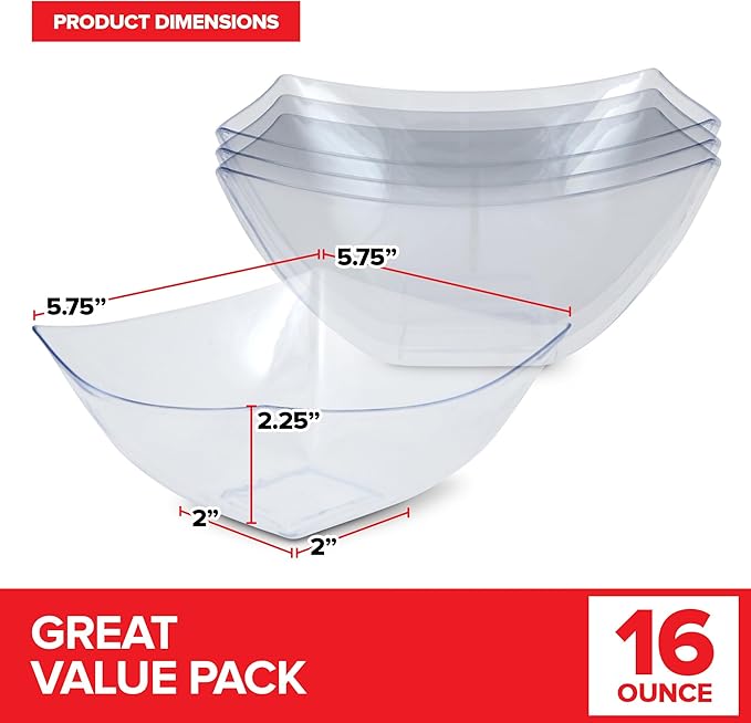 Stock Your Home 16oz Clear Plastic Serving Bowls (48 Pack) – Small Disposable Square Candy Dishes for Snacks, Chips, Mints, Salad Bar, Parties, Office, Bridal Shower