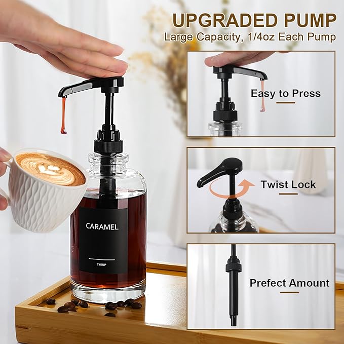 Coffee Syrup Dispenser for Coffee Bar, Glass Syrup Dispenser with 1/4oz Large Capacity Pump, Coffee Syrup Pump Dispenser for Coffee Station, 16.9 fl oz Maple Syrup Bottles for Coffee Bar