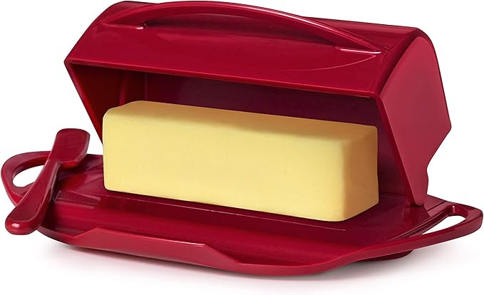Butterie Flip-Top Butter Dish with Lid & Matching Knife, Holds 2 Sticks/European Butter, No-Mess Butter Holder, Shatterproof, Dishwasher Safe, Red