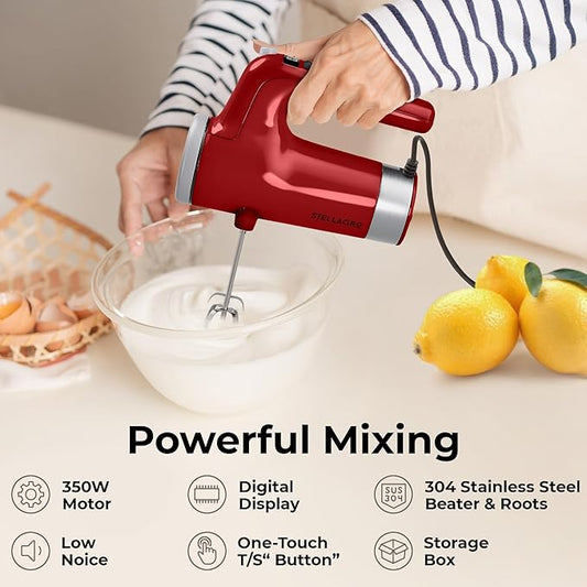Stellagro 9 Speed Electric Handheld Mixer with Stainless Steel Whisk Beater Attachments & Snap Storage Case, Compact Lightweight 350 W Powerful hand held mixer for Baking & Cooking, Red