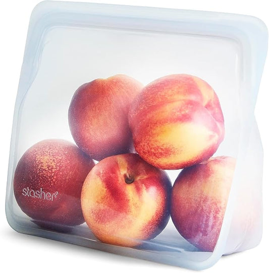 Stasher Silicone Reusable Storage Bag, Stand-Up Mid, Reusable Freezer Bag, Microwave, Dishwasher, Oven Safe, Sous Vide, Premium Lunch Container, Eco Friendly, Food Storage Bags, 56 oz, Clear