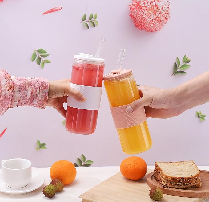 24oz Can Shaped Glass Cups with Silicone Lids and Glass Straw, 2PCS Drinking Glasses with Lids and Straws, and Silicone Sleeves, Beer Glasses, Iced Coffee Cups, Soda, Gift - Black
