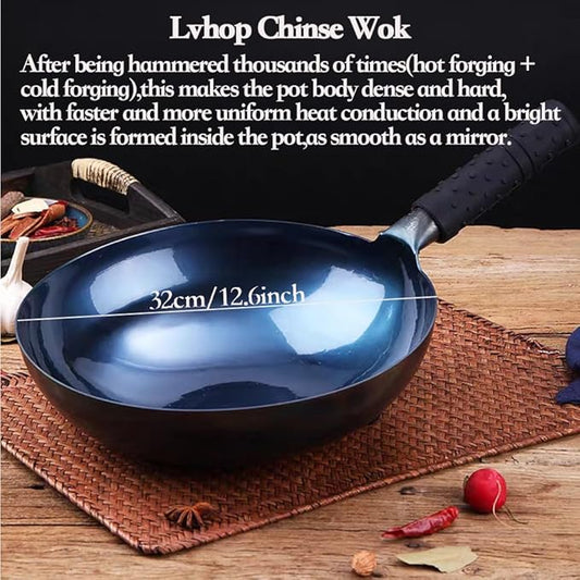 Lvhop iron wok with lid,12.6 inch woks & stir-fry pans nonstick,chinese traditional pans for open fire,large cookwares,cooking,bbq,grill,camping,blue pre-seasoned round bottom wok (32cm)
