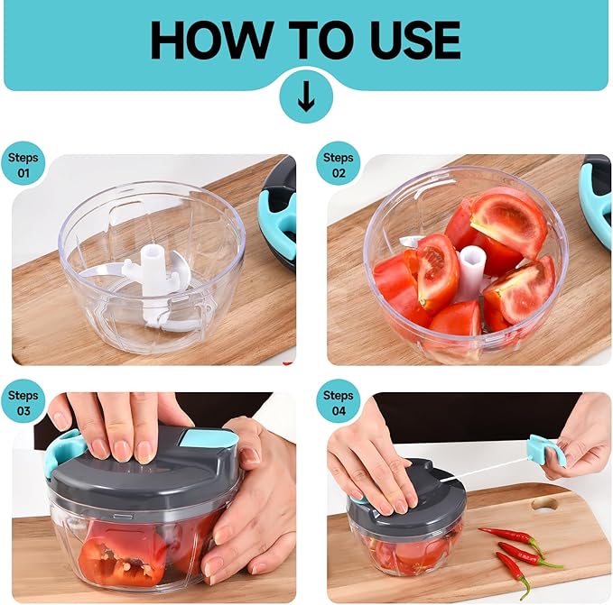 Ziweaye Manual Food Processor Vegetable Chopper, Portable Hand Pull String Garlic Mincer Onion Cutter for Veggies, Ginger, Fruits, Nuts, Herbs, etc., 500ml,（Gray-blue）