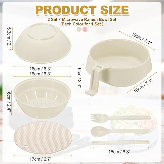 uxcell 2 Sets Microwave Ramen Bowl Set, Wheat Fiber Noodle Bowls Plastic Cooker with Lid Handle Fork Spoon Chopsticks for College Dorm Room Apartment, (Beige/Pink)