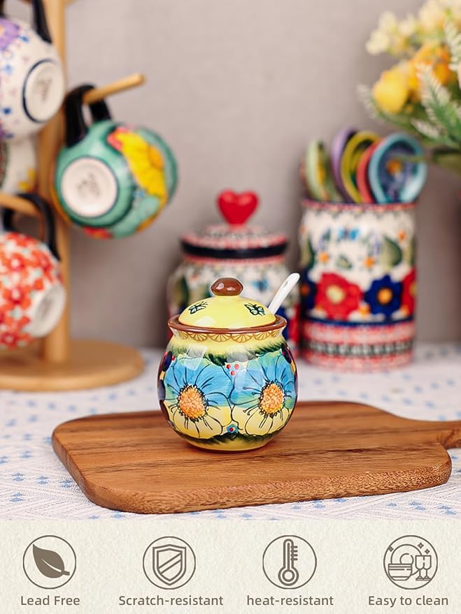 silesia Handmade Sugar Bowl with Lid and Spoon, 8 oz Hand-Painted Ceramic Sugar Jar, Floral Design Seasoning Container for sugar, honey, or spices, Dishwasher Safe (Glazed Yellow)