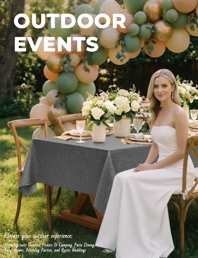 Faux Linen Farmhouse Table Cloth 60"x104" for 6 ft Rectangle Table, Dark Grey Waterproof Outdoor Washable Cloth Tablecloth for Rectangular Dining Room Kitchen Outdoor Party Restaurant Table