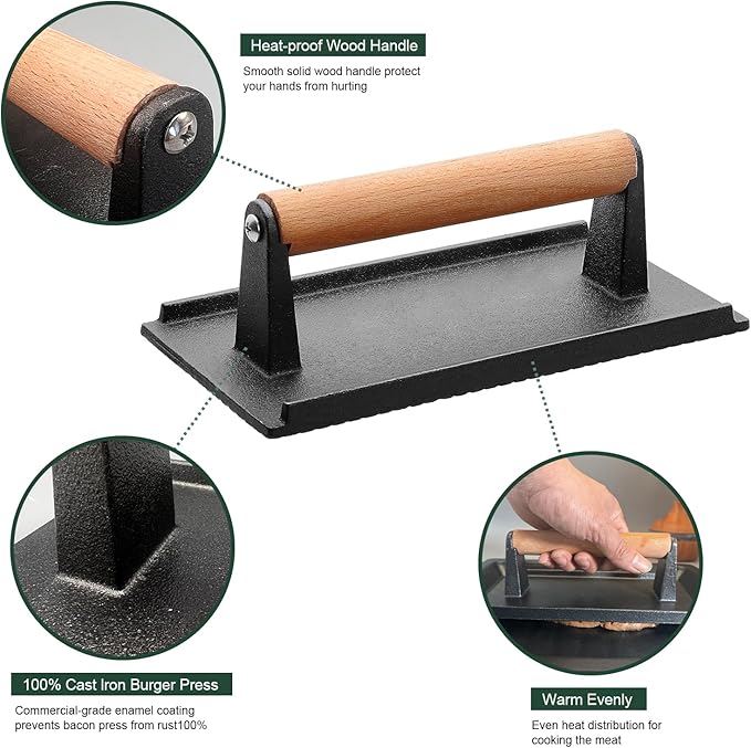 Burger Press, Smash Burger Press for Blackstone Griddle, Heavy Duty Cast Iron Round 7In & Rectangular 8X4In Bacon Grill Press with Wood Handle for Blackstone Camp chef Pitboss Weber Treager