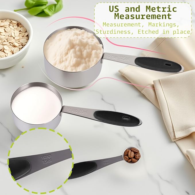 Inmorven 10pcs Measuring Cups and Spoons Set, Nesting Kitchen Stainless Steel Measuring Set for Baking Cooking Dry Liquid Ingredients Upgraded Thickness Handle-Black