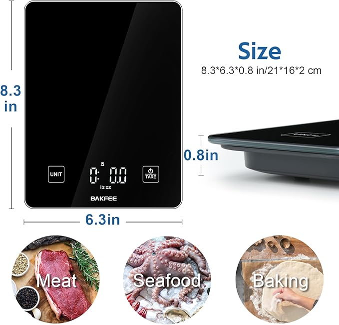 BAKFEE IP67 Waterproof Food Scale with Tempered Glass Surface, 22lb Kitchen Scale 1g Precision, USB Rechargeable, LED Display, Grams and Ounces, for Baking, Cooking, Making Sourdough Bread. Black