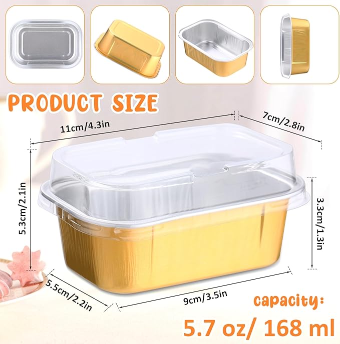 Vesici 100 Sets Mini Loaf Pans with Lids, 5.7 oz Disposable Aluminum Foil Baking Cups, Rectangle Cake Pans for Pudding Desserts Muffin Baking Storage Valentines Wedding Birthday Party(Gold)