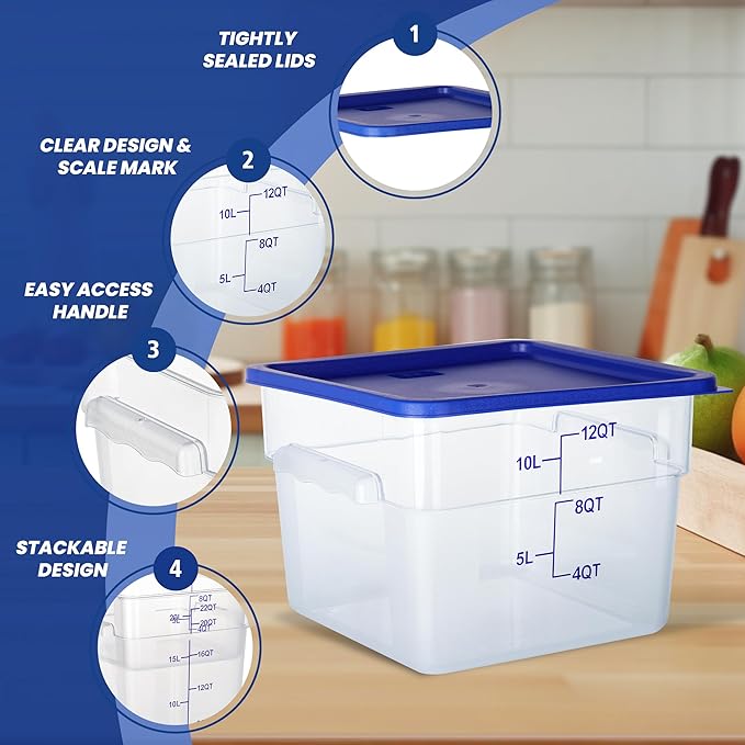 STEELUS 4 Pack 12 Quart Food Storage Containers with Lids, Polycarbonate Square Commercial Food Containers, NSF, Clear, New Version