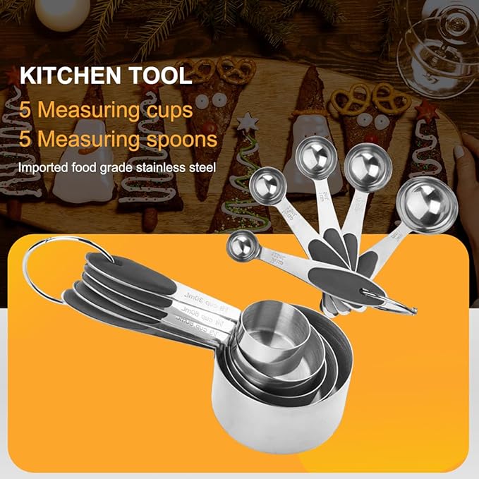 Measuring Cups and Spoons Set, Set of 10 Stainless Steel Measuring Cups and Spoons, with Silicone Handles, Stackable, Easy to Store for Kitchen, Cooking, Baking (Black)