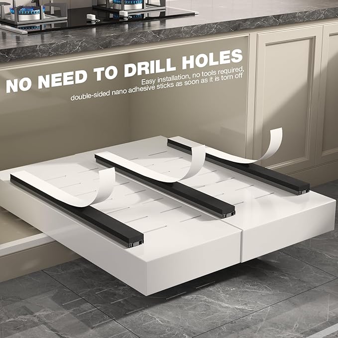 2 Pack Pull Out Cabinet Organizer 24" Deep,Full Extension 3 Slide Rails Slide Out Drawers With Raising Pad for Framed Cabinets,Expandable Width (12.3"-20.5"),No Drill Roll Out shelf,White