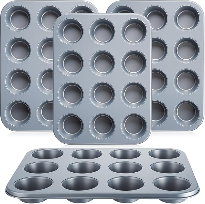 Acellegic 4 Set Mini Muffin Pans Carbon Steel Nonstick Bakeware for Oven Mini Cake Tart Quiche (12-cup)